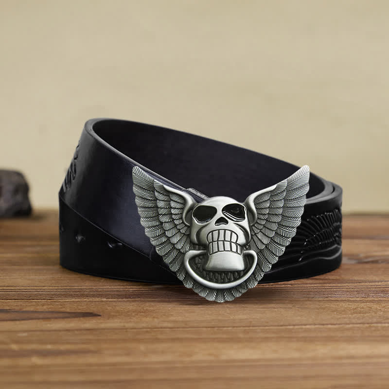 Men's DIY Skull Angel Wings Leather Belt with Hidden Lighter