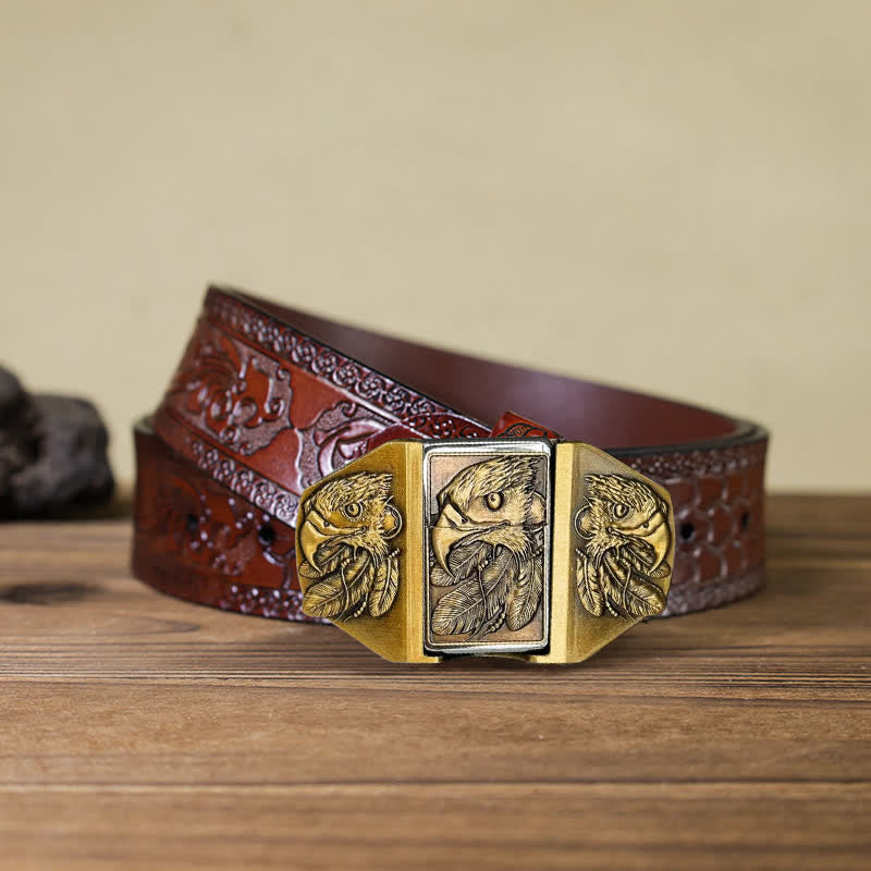 Men's DIY Bronze Triple Eagle Leather Belt with Hidden Lighter