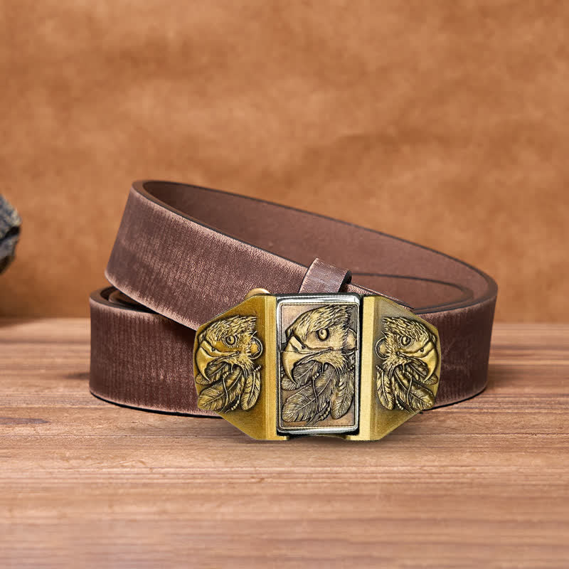 Men's DIY Bronze Triple Eagle Leather Belt with Hidden Lighter