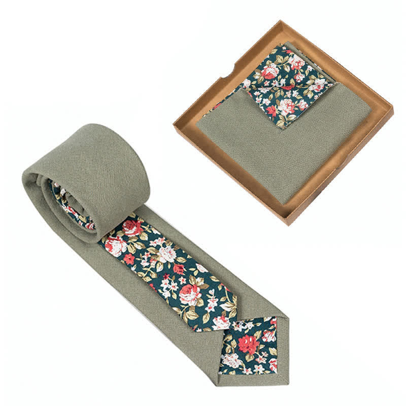 2Pcs Men's Olive Green Cotton Floral Necktie Set