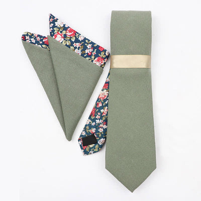 2Pcs Men's Olive Green Cotton Floral Necktie Set