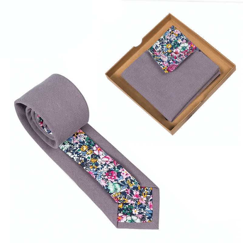 2Pcs Men's MediumPurple Cotton Patchwork Floral Necktie Set