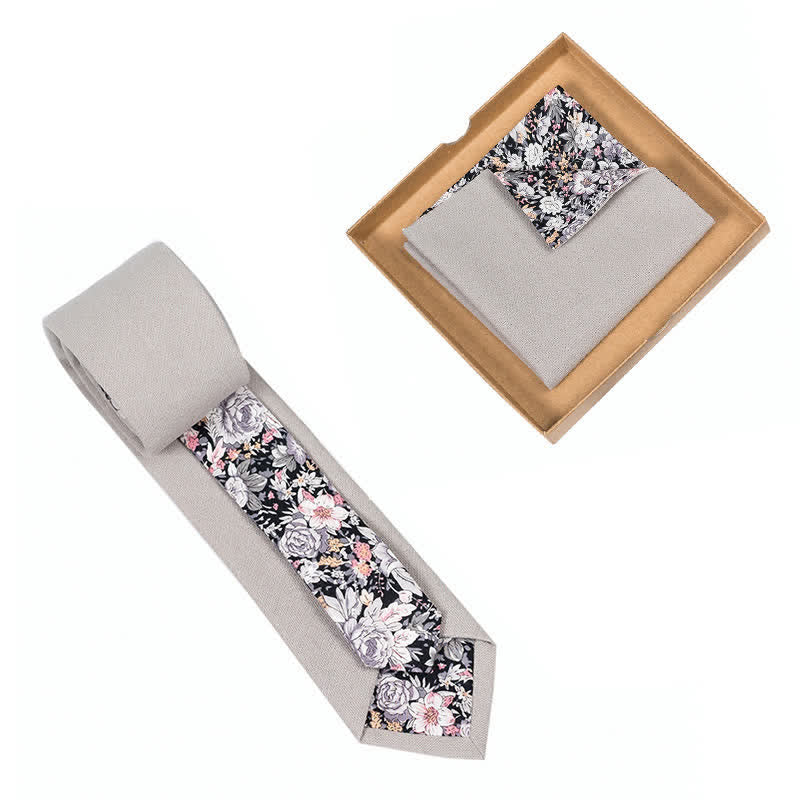 2Pcs Men's Pale Gray Cotton Patchwork Floral Necktie Set