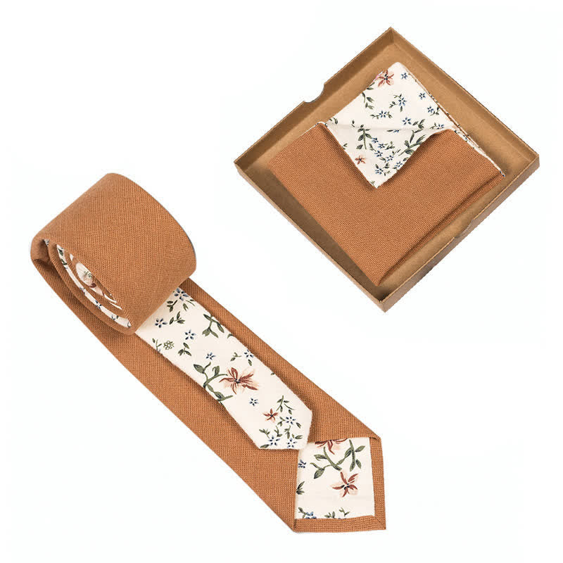 2Pcs Men's Rusty Orange Cotton Patchwork Floral Necktie Set