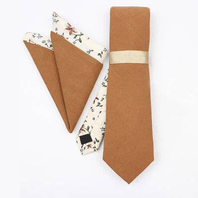 2Pcs Men's Rusty Orange Cotton Patchwork Floral Necktie Set