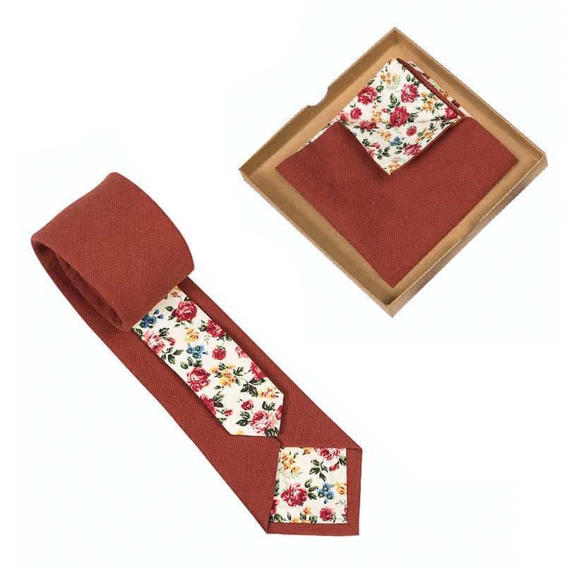 2Pcs Men's Brick Red Cotton Patchwork Floral Necktie Set