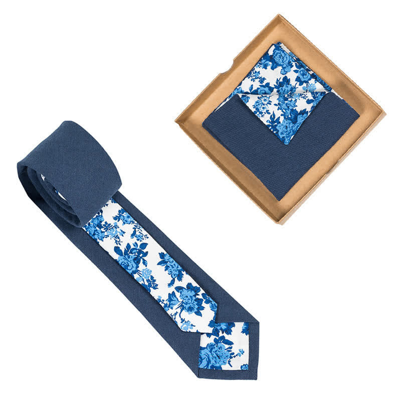 2Pcs Men's Steel Blue Cotton Patchwork Floral Necktie Set