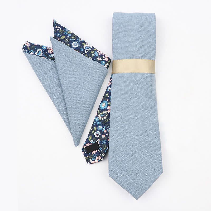 2Pcs Men's Dusty Blue Cotton Patchwork Floral Necktie Set