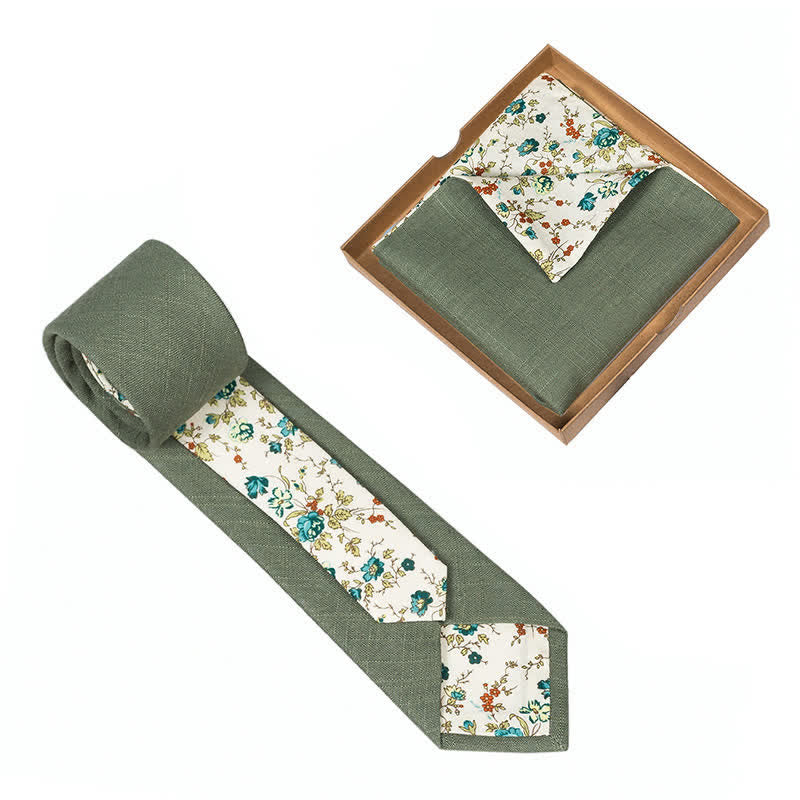 2Pcs Men's Natural Forest Green Cotton Patchwork Floral Necktie Set