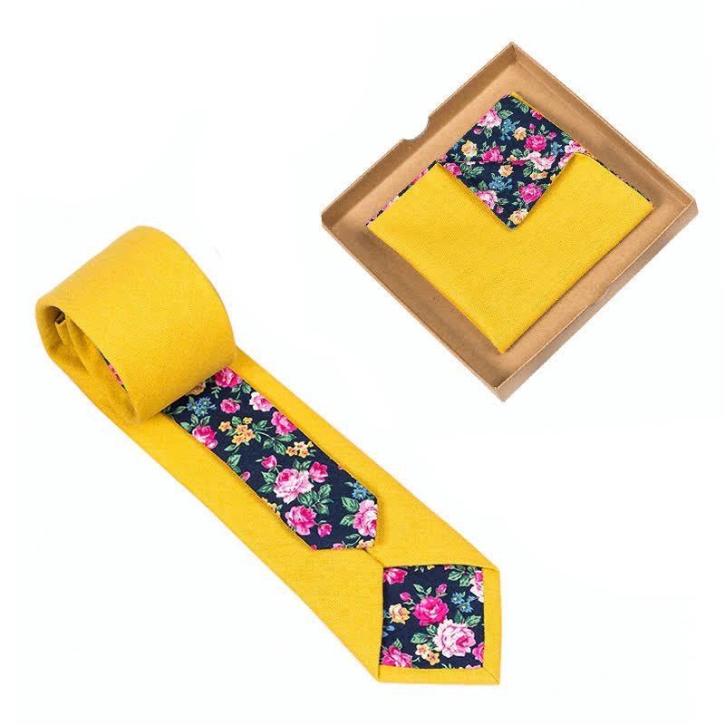 2Pcs Men's Marigold Yellow Cotton Patchwork Floral Necktie Set