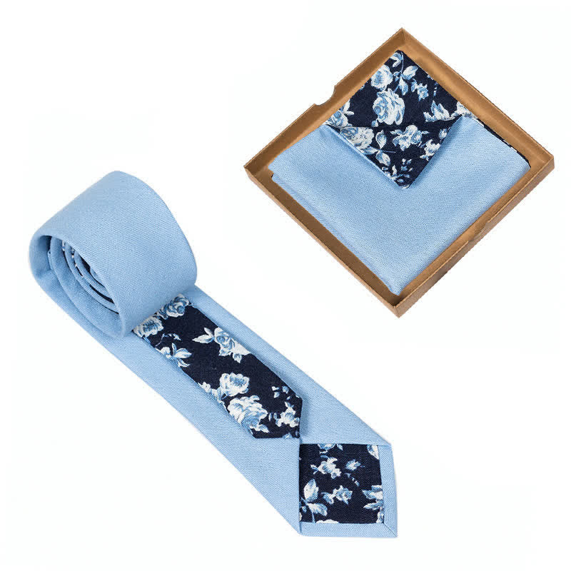 2Pcs Men's Sky Blue Cotton Patchwork Floral Necktie Set