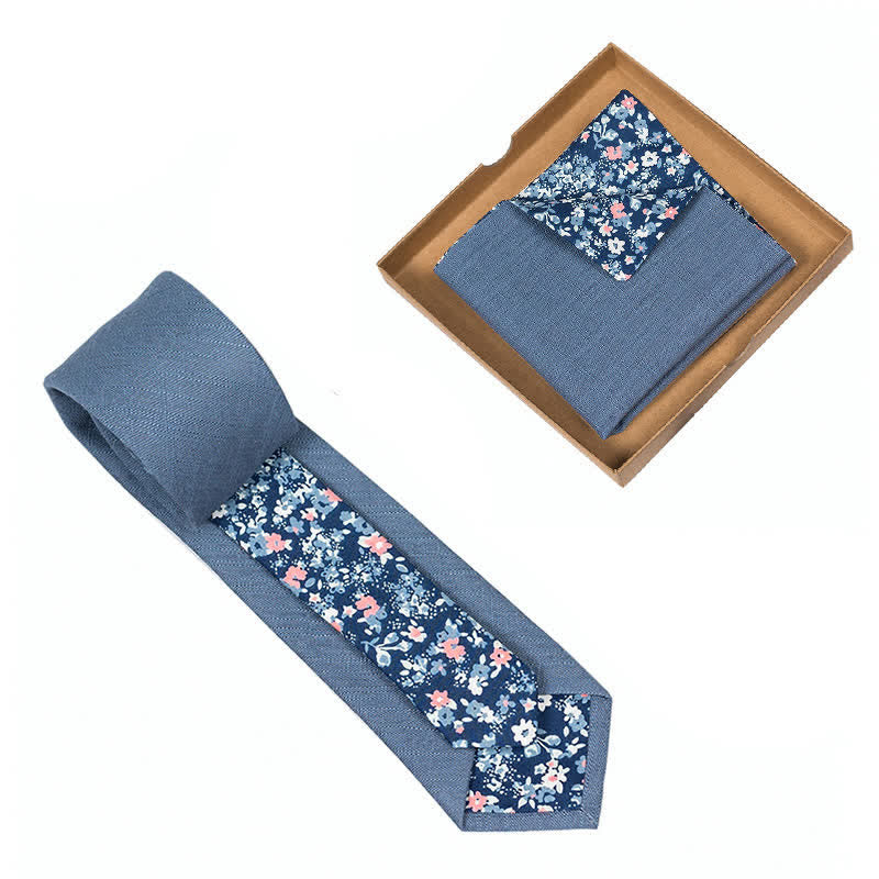 2Pcs Men's Dusty Blue Cotton Patchwork Floral Necktie Set