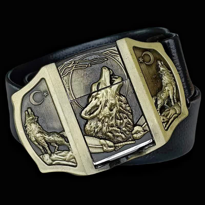 Men's Wolf Howling Black Leather Belt With Hidden Lighter