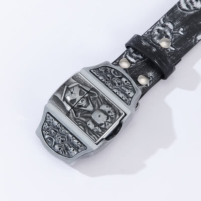 Men's Death Ghost Skeleton Pattern Leather Belt With Hidden Lighter