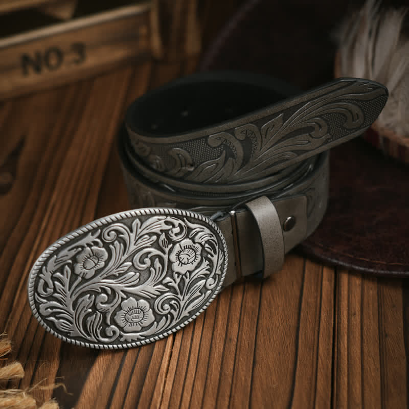 Western Carved Flower Buckle Cowboy Dress Leather Belt