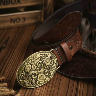 Western Carved Flower Buckle Cowboy Dress Leather Belt