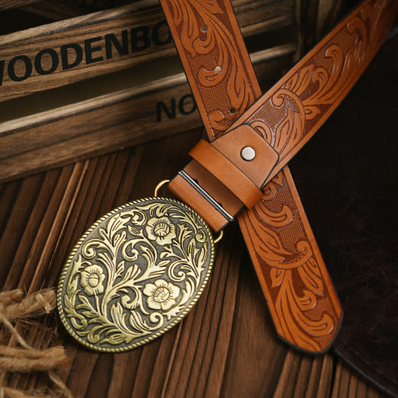 Western Carved Flower Buckle Cowboy Dress Leather Belt