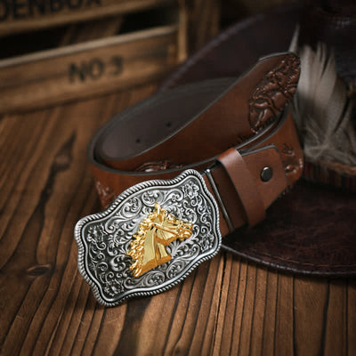 Cowboy Style Golden Horse Head Embossed Pattern Leather Belt