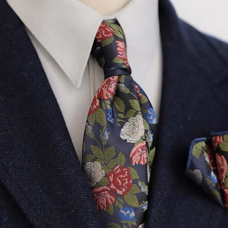 Men's Vintage Navy & Red Roses Floral Printed Necktie