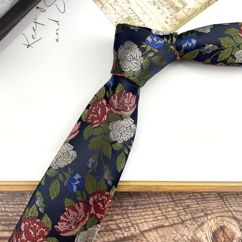 Men's Vintage Navy & Red Roses Floral Printed Necktie