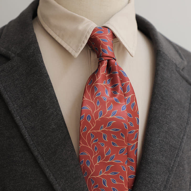 Men's Dark Red & Navy Leaves Floral Printed Necktie