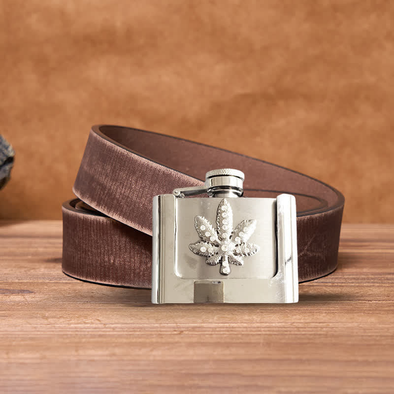 Men's DIY 2oz. Maple Leaf Rhinestone Leather Belt with Hidden Flask