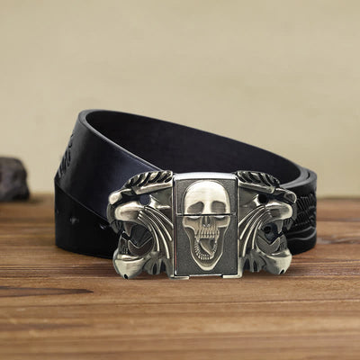 Men's DIY Bold Skull Head Leather Belt with Hidden Lighter