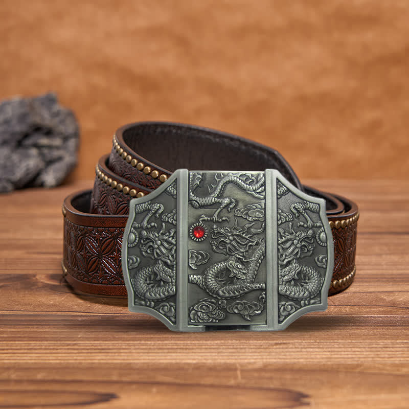 Men's DIY Antique Silver Dragon Leather Belt with Hidden Lighter