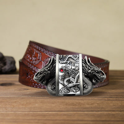 Men's DIY Antique Silver Dual Dragon Leather Belt with Hidden Lighter