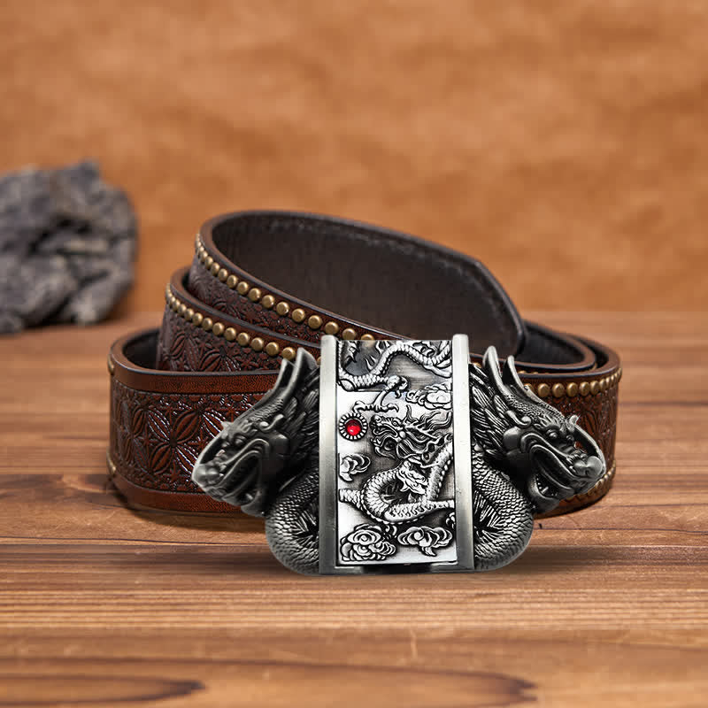 Men's DIY Antique Silver Dual Dragon Leather Belt with Hidden Lighter