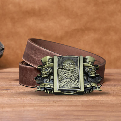 Men's DIY Triple Joker Skulls Bronze Leather Belt with Hidden Lighter