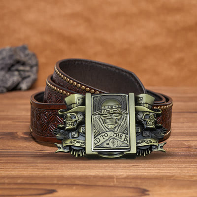 Men's DIY Triple Joker Skulls Bronze Leather Belt with Hidden Lighter