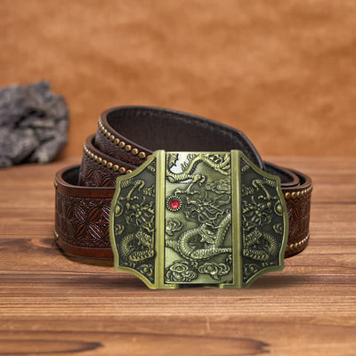 Men's DIY Bronze Dragon Leather Belt with Hidden Lighter