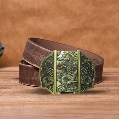 Men's DIY Bronze Dragon Leather Belt with Hidden Lighter