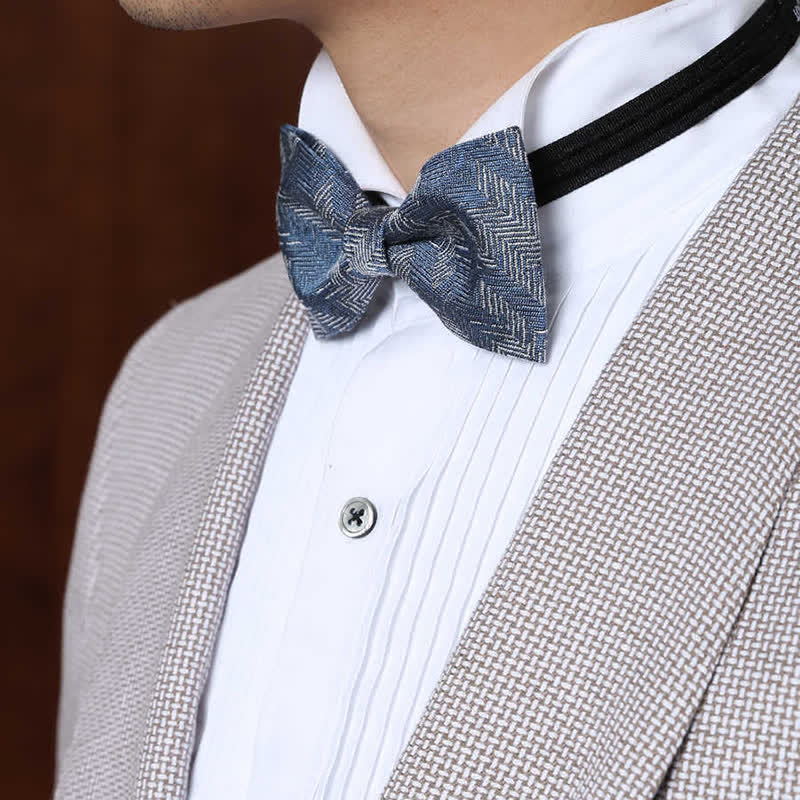 Men's Blue Series Flower Herringbone Pattern Denim Bow Tie