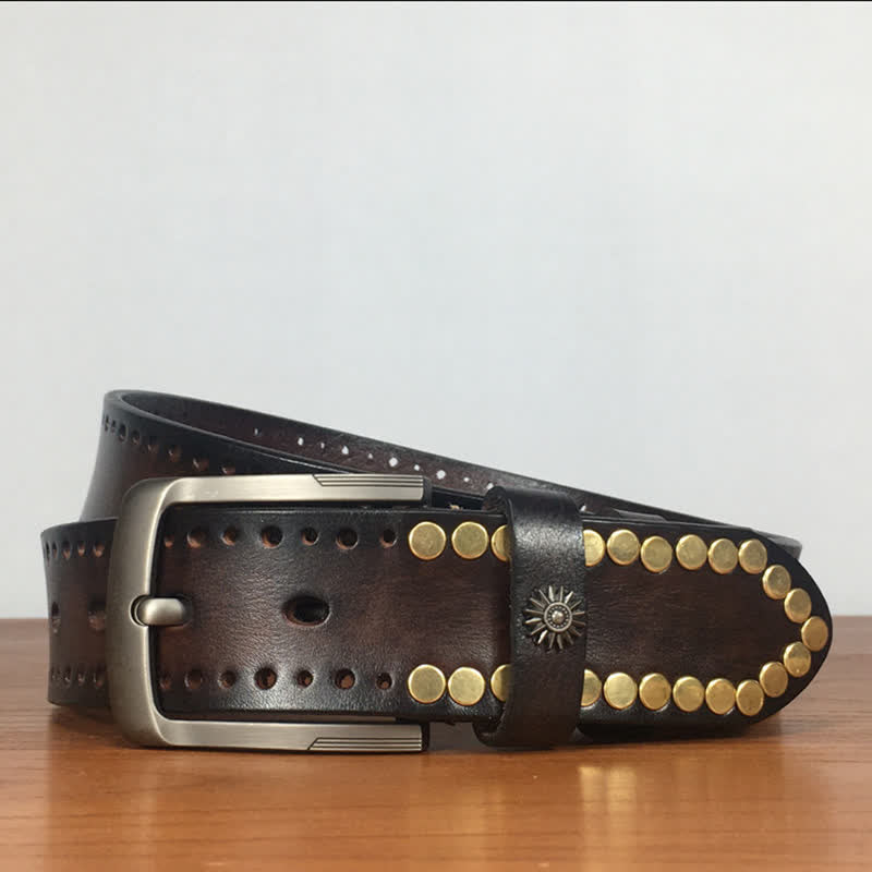 Vintage Retro Bronze Circle Rivets Studded Leather Belt