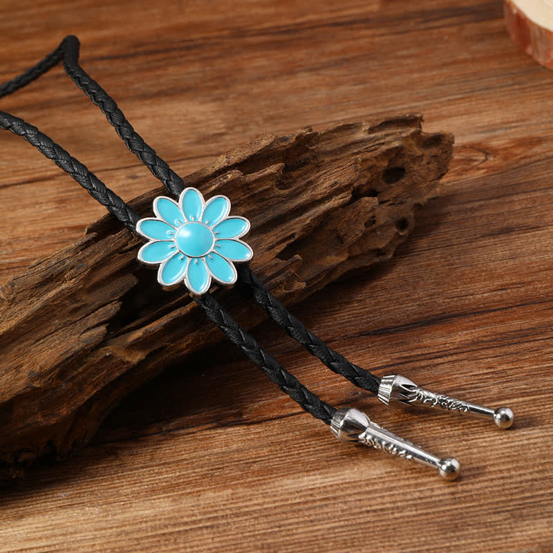 Blue Enameled Oval Flowers Triangle Bolo Tie