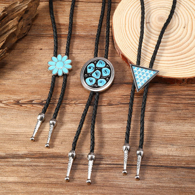 Blue Enameled Oval Flowers Triangle Bolo Tie