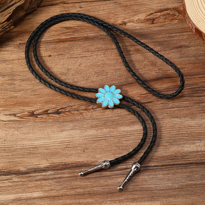 Blue Enameled Oval Flowers Triangle Bolo Tie