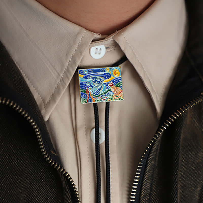 Starry Night Cat Coloful Enameled Bolo Tie