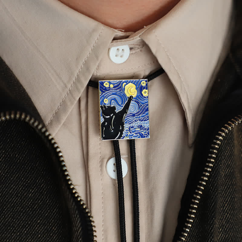 Starry Night Cat Coloful Enameled Bolo Tie