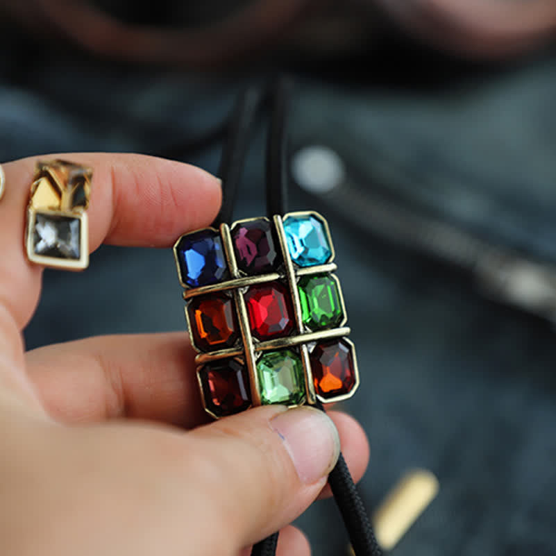 Geometric Mosaic Cube Gemstone Bolo Tie