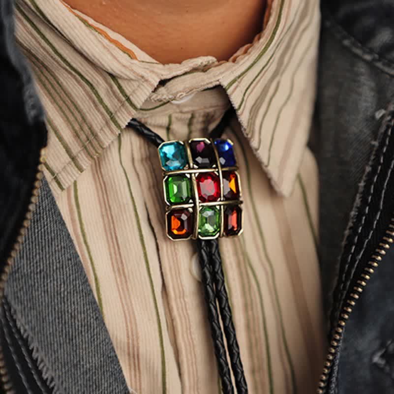 Geometric Mosaic Cube Gemstone Bolo Tie