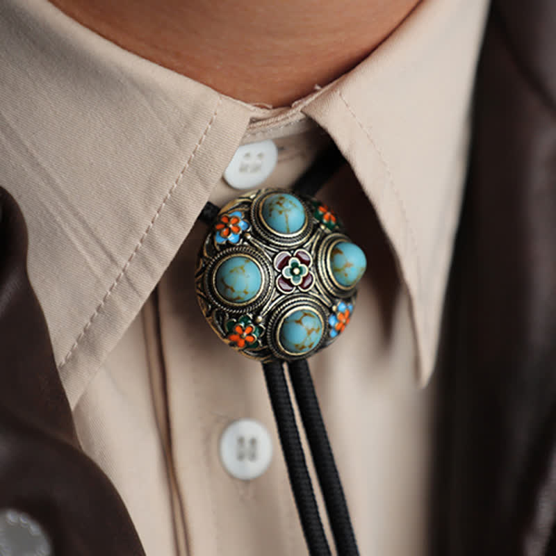 Ancient Blue Turquoise Enamel Flower Bolo Tie