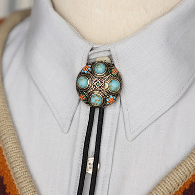 Ancient Blue Turquoise Enamel Flower Bolo Tie