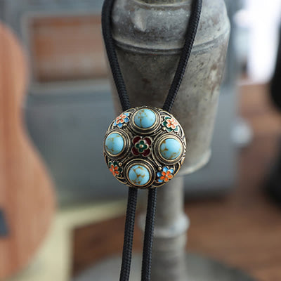 Ancient Blue Turquoise Enamel Flower Bolo Tie