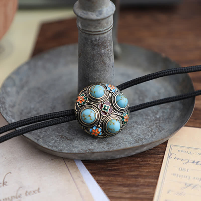 Ancient Blue Turquoise Enamel Flower Bolo Tie