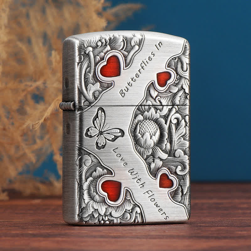 Butterfly Love with Flowers Refillable Kerosene Lighter