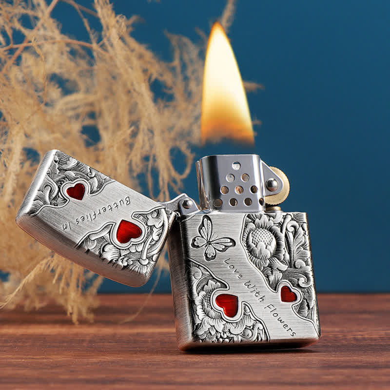 Butterfly Love with Flowers Refillable Kerosene Lighter