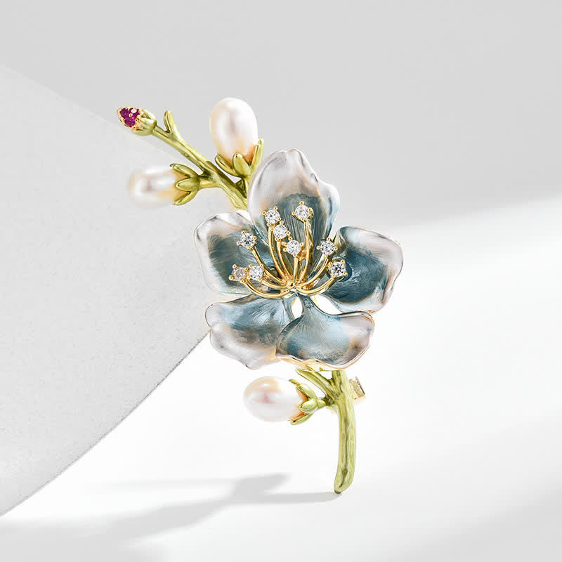 Women's Blue Enamel Magnolia Flower Faux Pearl Brooch